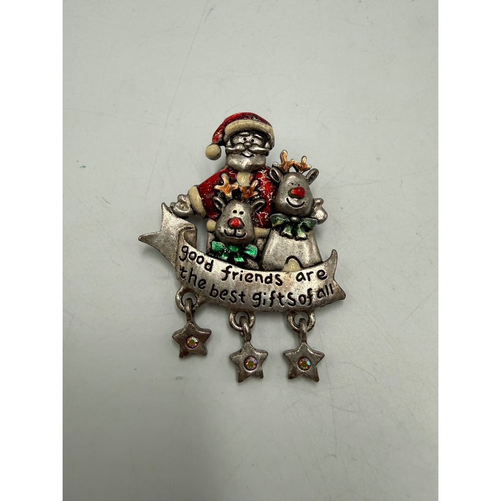 AJMC Santa Reindeer Christmas Brooch Pin Silver Tone Good Friends‎ Banner Stars